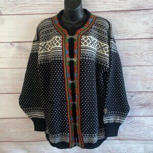Dale Of Norway Womens Cardigan Sweater L Wool Embroidered Fair Isle Black Clasp
